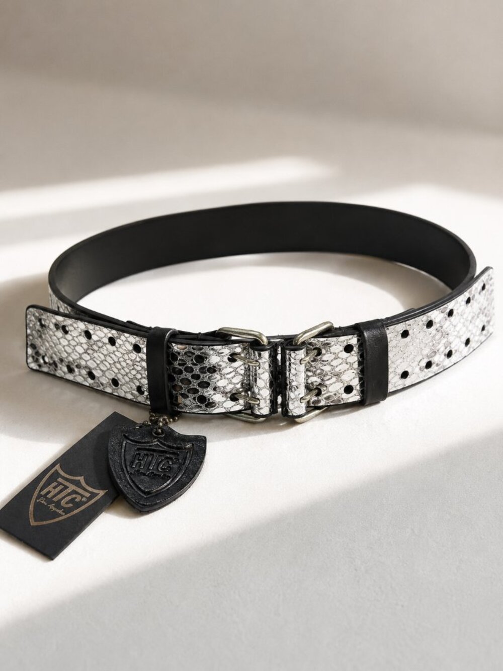HTC Isabel Printed Double Buckle Y2K Emo Metallic Silver Belt